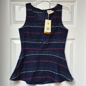 Mata Traders Size Small Prim & Pleat Navy Blue Stripe Peplum Top! NWT!